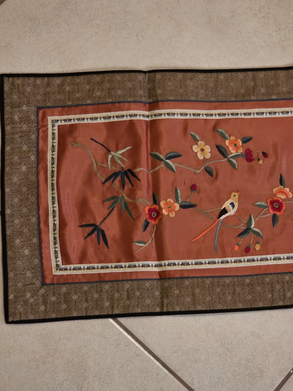 Chinese Silk Embroidered Birds Floral Panel Tapestry Table Runner 70